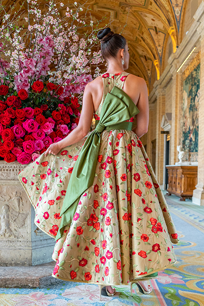 Long floral dress with green accent bow