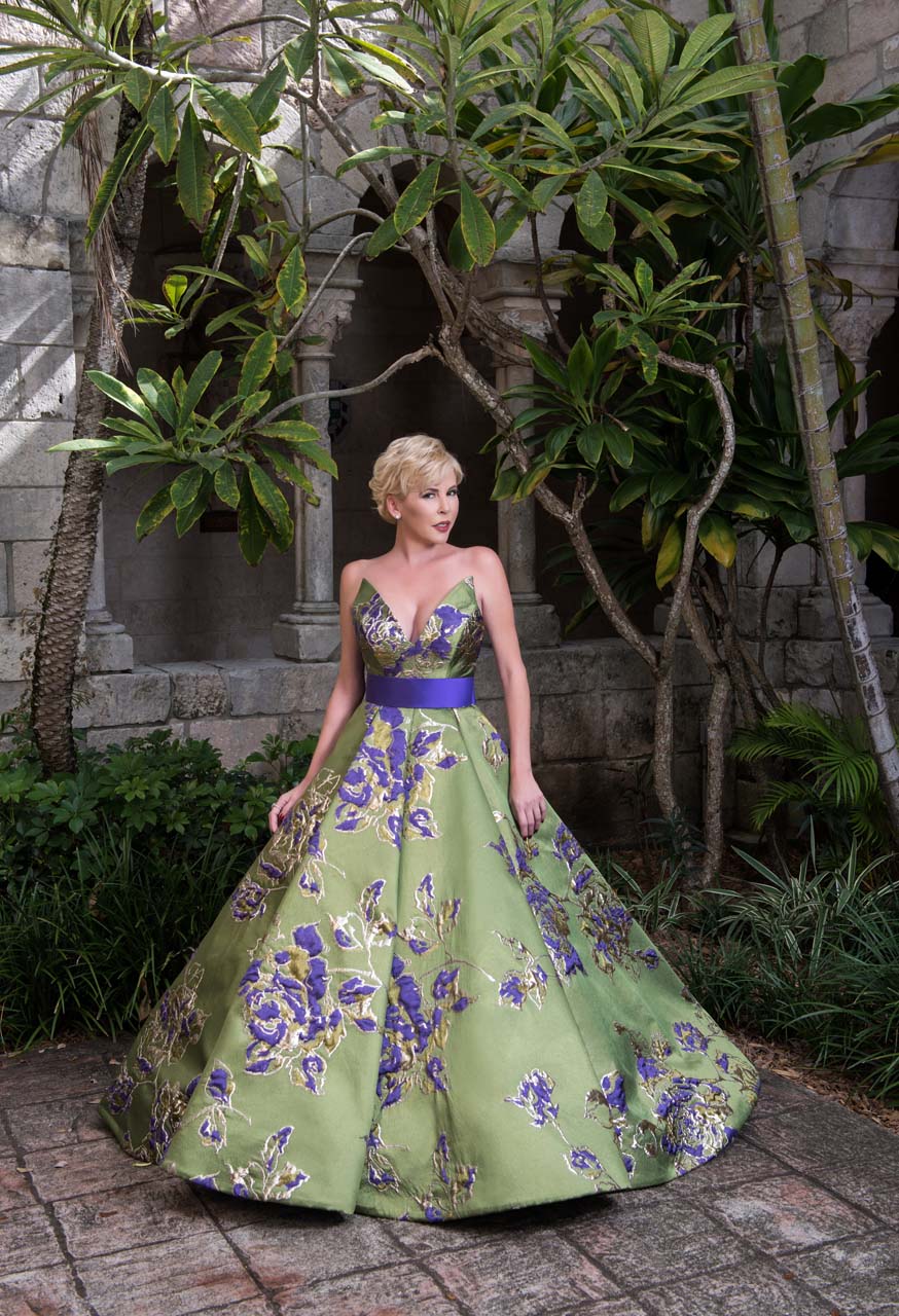 Green dress with purple floral design